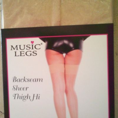 MUSIC LEGS BEIGE SHEER 15 DENIER NYLON BACK-SEAMED THIGH HIGH STOCKINGS